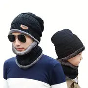 3pcs Winter Warmth Set: Black Knit Beanie, Neck Gaiter & Elastic Gloves for Men and Women - Cozy Fleece Lined