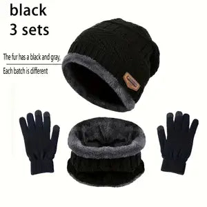 3pcs Winter Warmth Set: Black Knit Beanie, Neck Gaiter & Elastic Gloves for Men and Women - Cozy Fleece Lined