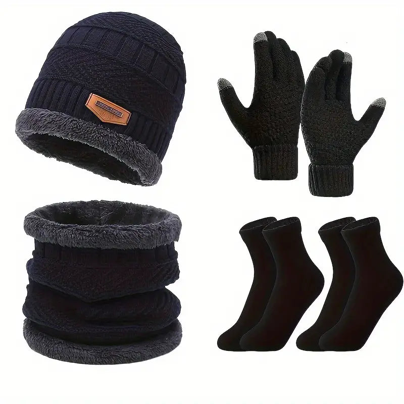 Winter 5-Piece Set Knitted Beanie, Neck Gaiter, Gloves, Socks Bundle - Polyester Street Style Knit Hat with Velvet Lining and Built-in Neck Warmer for Enhanced Warmth - Ideal for Outdoor Activities & Holiday Gifts