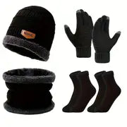 Winter 5-Piece Set Knitted Beanie, Neck Gaiter, Gloves, Socks Bundle - Polyester Street Style Knit Hat with Velvet Lining and Built-in Neck Warmer for Enhanced Warmth - Ideal for Outdoor Activities & Holiday Gifts